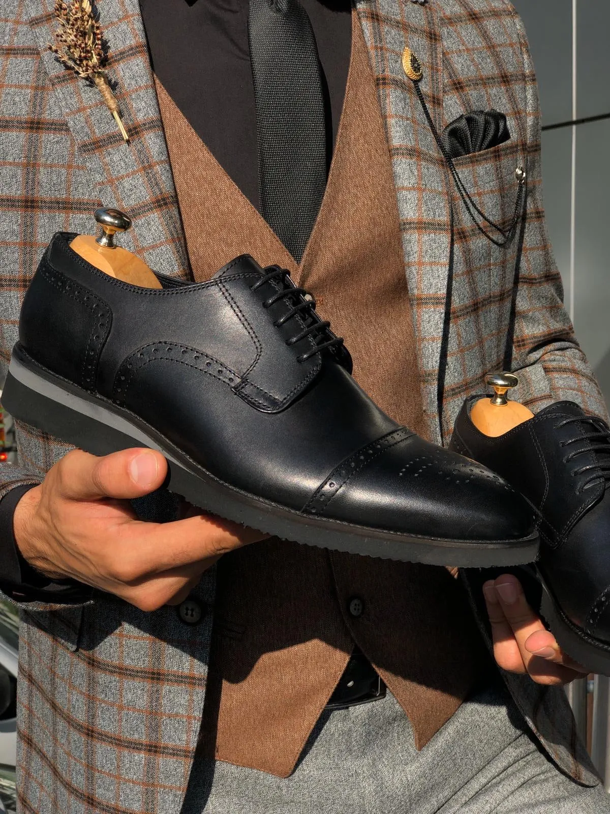 Black Laced Cap Toe Oxfords