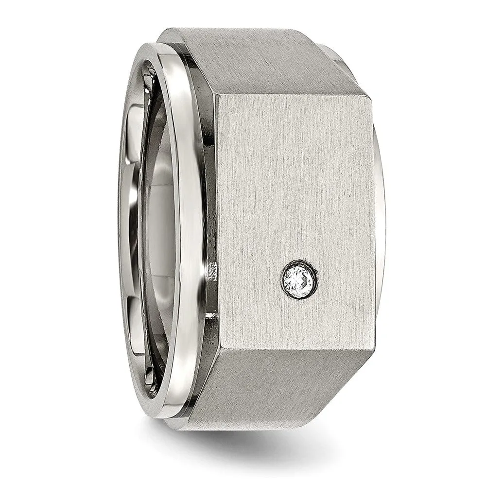 Men's 14mm Stainless Steel & CZ Brushed/Polished Signet Tapered Ring